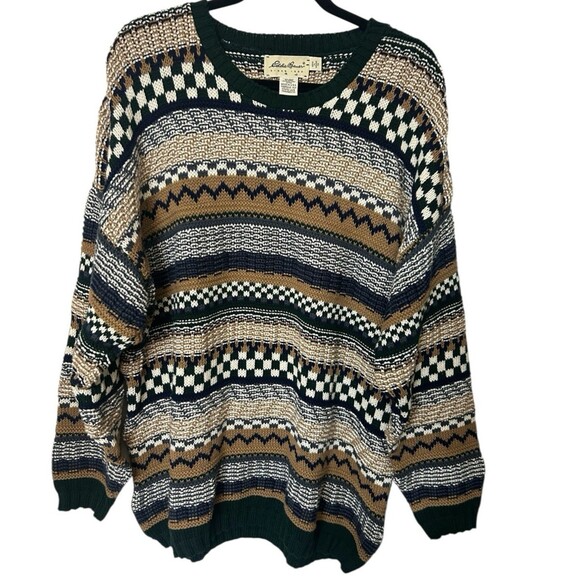 VTG 90s Eddie Bauer Mens XL Chunky  Knit Striped Brown Black Sweater Cotton  USA - Picture 1 of 7